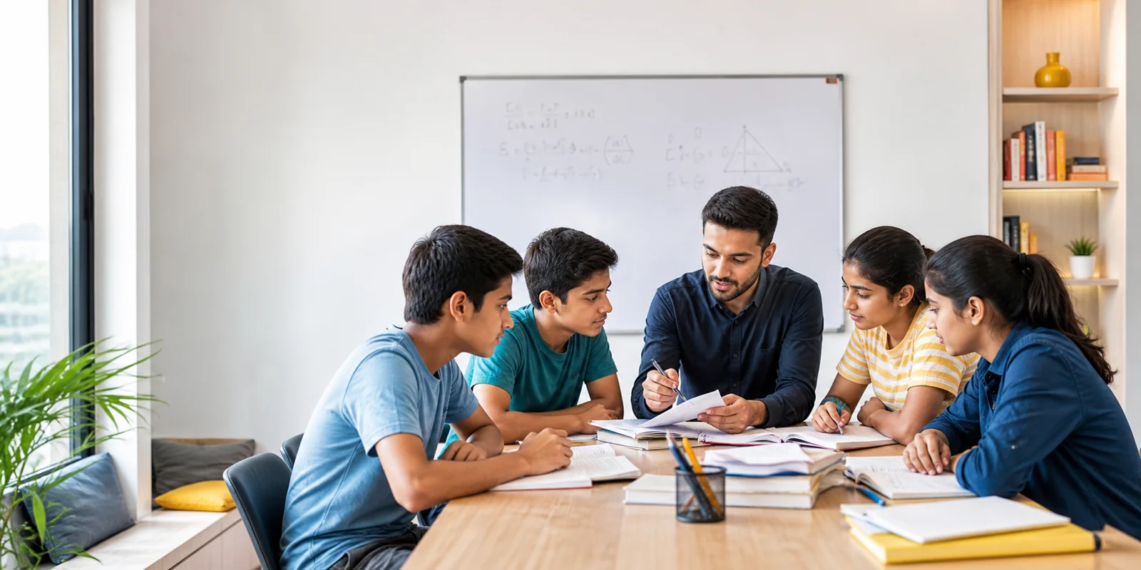 Indian tutor guiding students in a small coaching batch